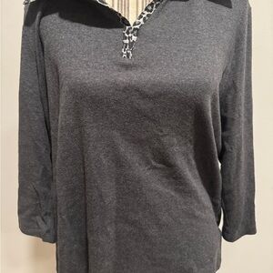 Karen Scott Charcoal Button Down with Animal Print Accent